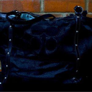 Coach Designer Black Signature Jacquard Leather Trim Studded Tote Handbag Purse